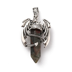 Bloodstone Natural African Bloodstone Pointed Pendants, Faceted Bullet Charms, with Rack Plating Platinum Tone Alloy Dragon Findings, Cadmium Free & Lead Free, 39~41x24~25x13~14mm, Hole: 4x8mm