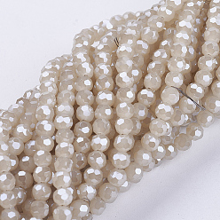 Light Khaki Electroplate Glass Beads Strands, Imitation Jade, Pearl Luster Plated, Faceted, Round, Light Khaki, 3.5~4.5mm, Hole: 0.5mm, about 100pcs/strand, 13.9~15.7 inch(35.5~40cm)