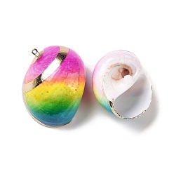 Colorful Spray Painted Natural Spiral Shell Pendants, with Rack Plating Light Gold Tone Brass Loops, Shell Shape, Colorful, 40~46x38~44x30.5~34mm, Hole: 1.8mm