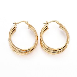 Golden Ion Plating(IP) 304 Stainless Steel Triple Hoop Earrings, Dapped Oval, Golden, 36x30x9mm, Pin: 1.5x0.5mm