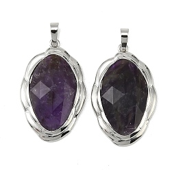 Аметист Граненые подвески из натурального аметиста, латунные овальные подвески в оправе, платина, стойки покрытие, 41x26x7 мм, отверстие : 5x8 мм