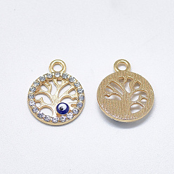 Light Gold Alloy Pendants, with Crystal Rhinestone and Blue Enamel, Flat Round with Tree of Life and Evil Eye, Light Gold, 17x14x2.5mm, Hole: 2mm