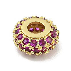 Ярко-Розовый Стойки обшивки латунь микро проложить кубического циркония бусы, долговечный, без свинца и без кадмия, рондель, реальный 18 k позолоченный, ярко-розовый, 9.5x5 мм, отверстие : 3 мм