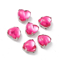 Deep Pink Heart Sew On Rhinestones, Smooth Face Taiwan Acrylic Rhinestone, Multi-Strand Links, with Platinum Tone Brass Prong Settings, Deep Pink, 10x10x7mm, Hole: 1mm