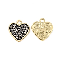 Black Diamond Rhinestone Pendants, with Light Gold Plated Brass Findings, Heart, Cadmium Free & Lead Free, Crystal, 17x16x3mm, Hole: 2mm