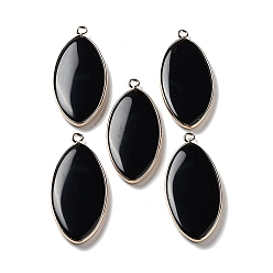 Obsidian Natural Obsidian Pendants, Light Gold Plated Brass Horse Eye Charms, 44.5~45x20.5~21x4mm, Hole: 2mm
