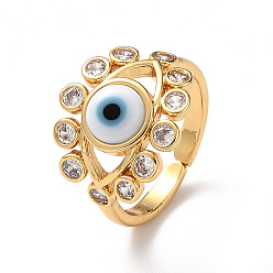 White Lampwork Evil Eye Open Cuff Ring with Clear Cubic Zirconia, Real 18K Gold Plated Brass Jewelry for Women, White, Inner Diameter: 18mm