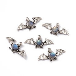 Labradorite Natural Labradorite Pendants, Halloween Bat Charms, with Antique Silver Color Brass Findings, 18x37x9mm, Hole: 5x2.5mm