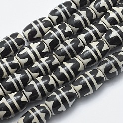 Wave Pattern Tibetan Style Double Tiger dZi Beads Strands, Natural Agate Beads, Dyed & Heated, Rice, Black, Hole: 2~3mm, about 15pcs/strand, 12.7 inch~13.5 inch(32.5~34.5cm)