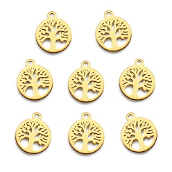 Golden Vacuum Plating 304 Stainless Steel Charms, Laser Cut, Flat Round with Tree, Golden, 12x10x1mm, Hole: 1.2mm