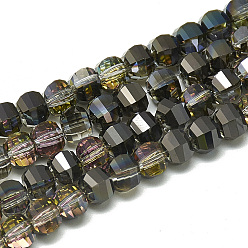 Dark Khaki Electroplate Glass Beads Strands, Rainbow Plated, Faceted, Round, Dark Khaki, 6x5x5mm, Hole: 1mm, about 95~96pcs/strand, 17.20 inch(43.7cm)