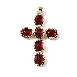 Темно-Красный Подвески из латуни и стекла, крестик, реальный 18 k позолоченный, темно-красный, 45x29.5x5 мм, отверстие : 3.5x3.2 мм