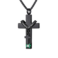 Green 304 Stainless Steel Religion Cross Pendant Memorial Urn Ash Necklaces, May Birthstone Necklace, Cable Chain Necklace, Green, Pendant: 35x22mm
