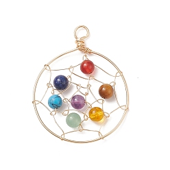 Real 18K Gold Plated 7 Chakra Gemstone Big Pendants, Flat Round Charms with Natural & Synthetic Mixed Stone Round Beads, with Eco-Friendly Copper Wire Wrapped, Mixed Dyed and Undyed, Real 18K Gold Plated, 51x40x6mm, Hole: 5.2mm