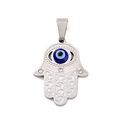 Stainless Steel Color 304 Stainless Steel Pendants, with Resin and Crystal Rhinestone, Hamsa Hand with Evil Eye, Stainless Steel Color, 30x23x5mm, Hole: 4x8mm