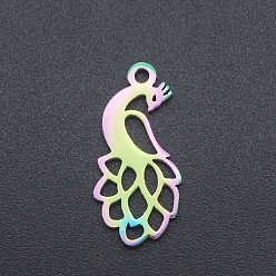 Rainbow Color Ion Plating(IP) 201 Stainless Steel Pendants, Peacock, Laser Cut, Rainbow Color, 18.5x8.5x1mm, Hole: 1.4mm