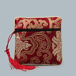 Коричневый Квадратные тканевые мешочки на молнии в китайском стиле, с кисточками случайного цвета и благоприятным рисунком облаков, коричневые, 12~13x12~13 см