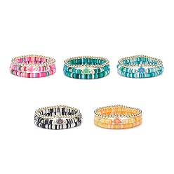 Mixed Color 3Pcs Handmade Polymer Clay Heishi Surfer Stretch Bracelets Set with Flower Beaded, Synthetic Hematite Beaded Preppy Bracelets for Women, Mixed Color, Inner Diameter: 2-1/4 inch(5.8cm)