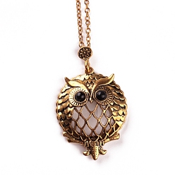 Owl Magnifying Glass Magnetic Locket Pendant Necklaces for Women, with Zinc Alloy Cable Chains, Antique Golden, Owl Pattern, 24.41 inch(62cm)