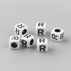 Letter R Opaque Acrylic Beads, Letter Style, Cube, Letter.R, 6x6x6mm, Hole: 3mm, about 3000pcs/500g