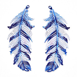 Royal Blue Ion Plating(IP) 201 Stainless Steel Filigree Pendants, Etched Metal Embellishments, Feather, Royal Blue, 47x19x0.3mm, Hole: 1.2mm