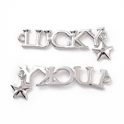 Platinum Brass Connector Charms, Word Lucky with Star, Platinum, 14x40x1.5mm, Hole: 1.6mm