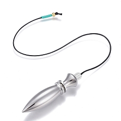 Platinum & Golden Brass Openable Pointed Dowsing Pendulums, with Brass Beads and Plastic Beads, Leather Cord, Bullet, Long-Lasting Plated, Platinum & Golden, 305mm, Pendant: 64x13mm