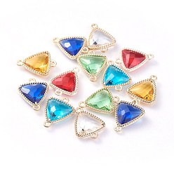 Mixed Color Glass Links connectors, with Eco-Friendly Alloy Open Back Berzel Findings, Faceted, Triangle, Light Gold, Mixed Color, 16x12x4.5mm, Hole: 1.2mm
