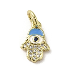 Deep Sky Blue Brass Micro Pave Cubic Zirconia Charms, with Enamel, with Jump Ring, Real 18K Gold Plated, Hamsa Hand/Hand of Miriam with Evil Eye, Deep Sky Blue, 13x9x1.8mm, Hole: 3.8mm