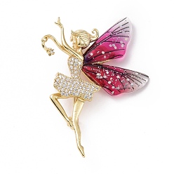 Fuchsia Resin Fairy Lapel Pin with Clear Cubic Zirconia, Real 18K Gold Plated Brass Badge with Loop for Jewelry Pendant, Cadmium Free & Lead Free, Fuchsia, 38x53x6.5mm