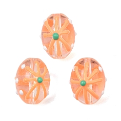 Orange Transparente Glasemailperlen, handgezeichnete Perlen, Oval mit Blume, orange, 15.5x13x14 mm, Bohrung: 1.4 mm