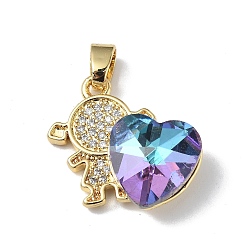 Medium Purple Real 18K Gold Plated Rack Plating Brass Micro Pave Clear Cubic Zirconia Pendants, with Glass, Long-Lasting Plated, Cadmium Free & Lead Free, Girl with Heart Charm, Medium Purple, 20.8x17x8mm, Hole: 6x3mm