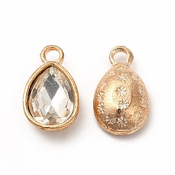 Clear Faceted Glass Rhinestone Pendants, with Golden Tone Zinc Alloy Findings, Teardrop Charms, Clear, 15x9x5mm, Hole: 2mm