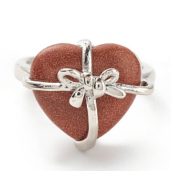 Goldstone Synthetic Goldstone Heart with Bowknot Adjustable Ring, Platinum Plated Brass Jewelry for Women, Cadmium Free & Lead Free, Inner Diameter: 16.7~21.2mm