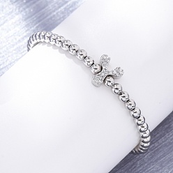 Letter Y Латунные круглые бусины эластичные браслеты, Подвеска в виде буквы из латуни с микропаве из прозрачного кубического циркония для женщин, без свинца и без кадмия, стойки покрытие, платина, Письмо Y, внутренний диаметр: 2~2-1/8 дюйм (5~5.5 см)