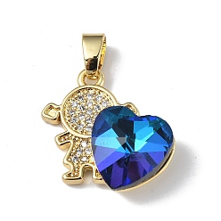 Blue Real 18K Gold Plated Rack Plating Brass Micro Pave Clear Cubic Zirconia Pendants, with Glass, Long-Lasting Plated, Cadmium Free & Lead Free, Girl with Heart Charm, Blue, 20.8x17x8mm, Hole: 6x3mm