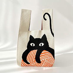 Beige Polyester Cat Print Knitted Tote Bags, Cartoon Crochet Handbags for Women, Beige, 36x20cm