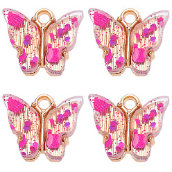 Fuchsia Transparent Acrylic Charms, with Golden Tone Alloy Findings and Sequins, Butterfly Charm, Fuchsia, 14x14mm