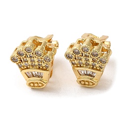 Clear Rack Plating Real 18K Gold Plated Brass Crown Shape Clip-on Earrings, with Cubic Zirconia, Long-Lasting Plated, Lead Free & Cadmium Free, Clear, 12x10.5x15mm