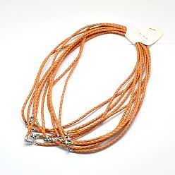 Оранжевый Плетеные кожаные шнуры, для ожерелья делает, латуни с застежками омаров, оранжевые, 21 дюйм, 3 мм
