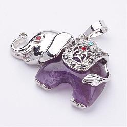 Amethyst Natural Amethyst Pendants, with Rhinestone and Brass Findings, Elephant, Platinum, 25.5x36.5x10mm, Hole: 5x8mm