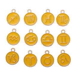 Goldenrod Alloy Enamel Pendants, Golden, Flat Round with Twelve Constellation Pattern, Goldenrod, 15x12mm, 12pcs/set
