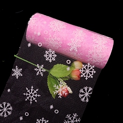 Pearl Pink 10 Yards Christmas Polyester Deco Mesh Ribbon, Printed Snowflake Tulle Fabric, for Bowknot Making, Pearl Pink, 150mm