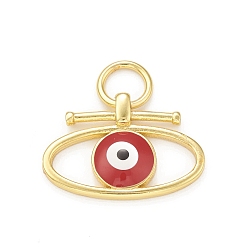 FireBrick Rack Plating Brass Enamel Charms, with Jump Ring, Cadmium Free & Lead Free, Long-Lasting Plated, Real 18K Gold Plated, Oval with Evil Eye Pattern, FireBrick, 14x20x3mm, Hole: 5mm
