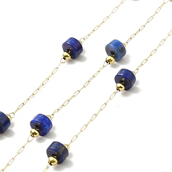 Lapis Lazuli Ion Plating(IP) 316 Surgical Stainless Steel Paperclip Chains, with Natural Lapis Lazuli Column Beads, Soldered, Real 18K Gold Plated, with Spool, Link: 2.5x1x0.3mm