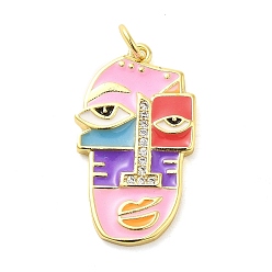 Pearl Pink Real 18K Gold Plated Brass Clear Cubic Zirconia Pendants, with Enamel and Jump Ring, Abstract Face, Pearl Pink, 26x15x4mm, Hole: 3.4mm
