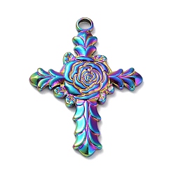 Rainbow Color Ионное покрытие (ip) 304 подвески из нержавеющей стали, крестик с розой, Радуга цветов, 35x25x2 мм, отверстие : 2.8 мм