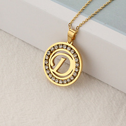 Letter D Crystal Rhinestone Initial Letter Pendant Necklace with Cable Chains, Stainless Steel Jewelry for Women, Golden, Letter.D, 15.75 inch(40cm)