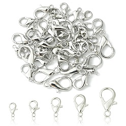 Platinum 50Pcs 5 Styles Zinc Alloy Lobster Claw Clasps, Parrot Trigger Clasps, Jewelry Making Findings, Platinum, 10~21x6~12mm, Hole: 1~2mm, 10pcs/style