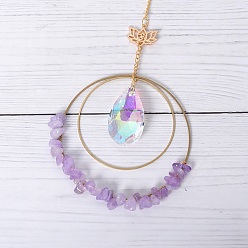 Amethyst Double Round Ring Chip Natural Amethyst Window Hanging Pendant Decorations, with Glass & Iron Findings, 280mm